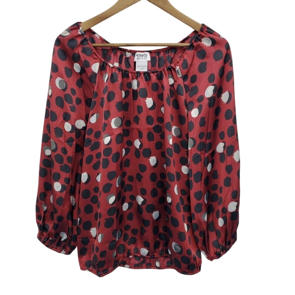 Monroe & Main Red Polka Dot Print Peasant Blouse L Sheer 3/4 Balloon Sleeve Top